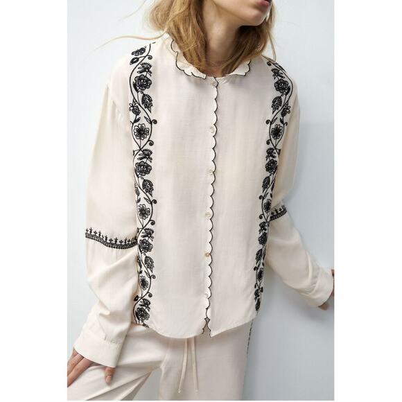 Zara Women's White Black Bordado Floral Embroidered Button Up Blouse Top Size M - Picture 1 of 6